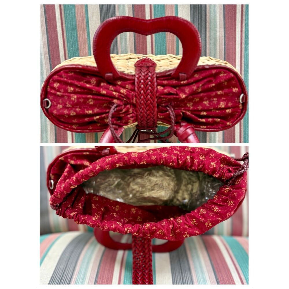 BRIGHTON Vintage "Marilyn" Woven Heart Satchel/Red Croco-Embossed Leather Trim - Picture 4 of 14